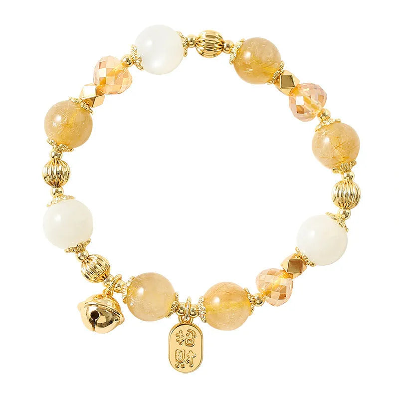 Gold rutilated quartz crystal bracelet with electroplated Lucky Fortune gold colour in Korean style design