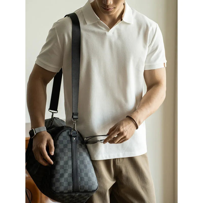 American-style cotton blend short-sleeved polo shirt in blue on a hanger