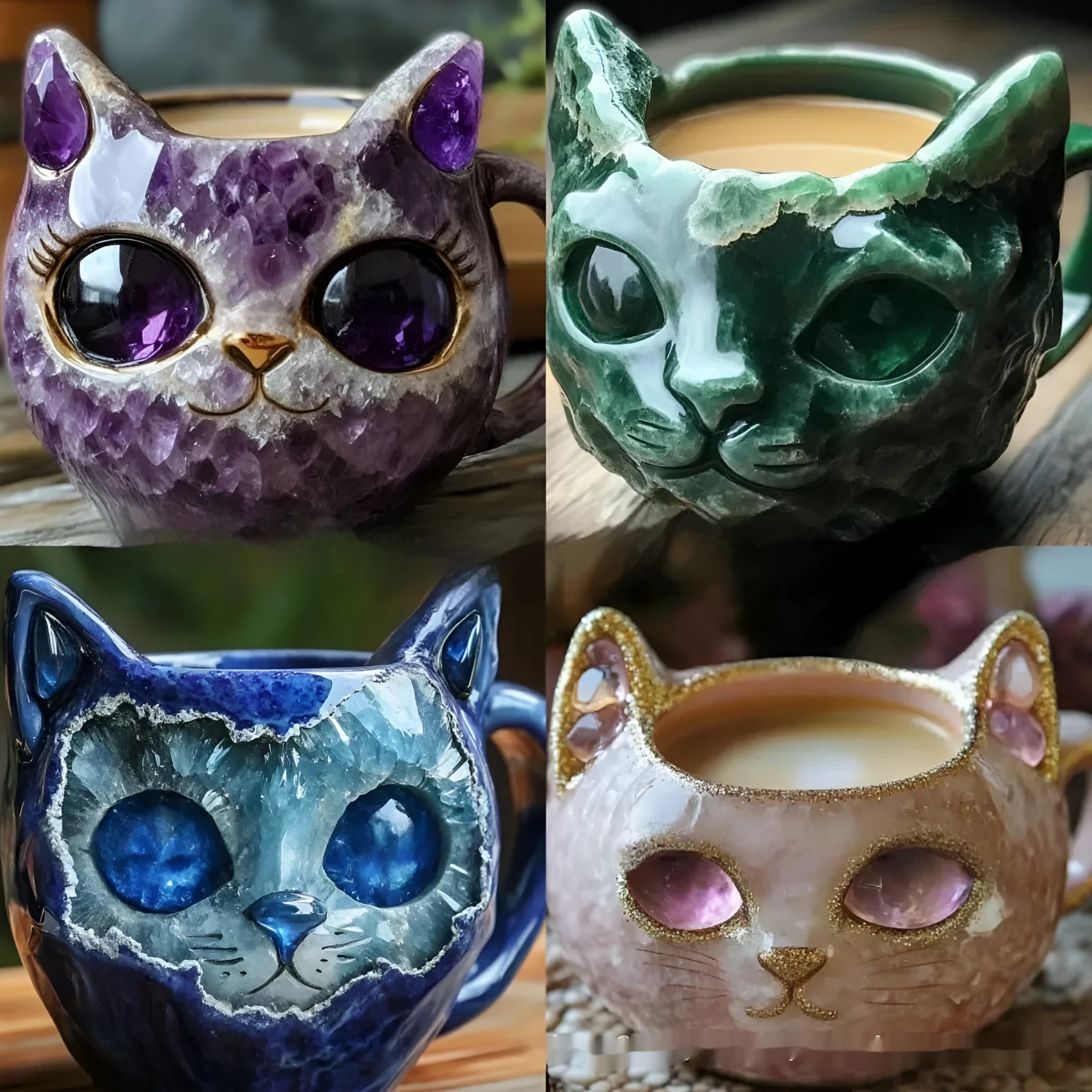 Decorative geode mug in resin with crystal interior effect, shown in one of four colours.