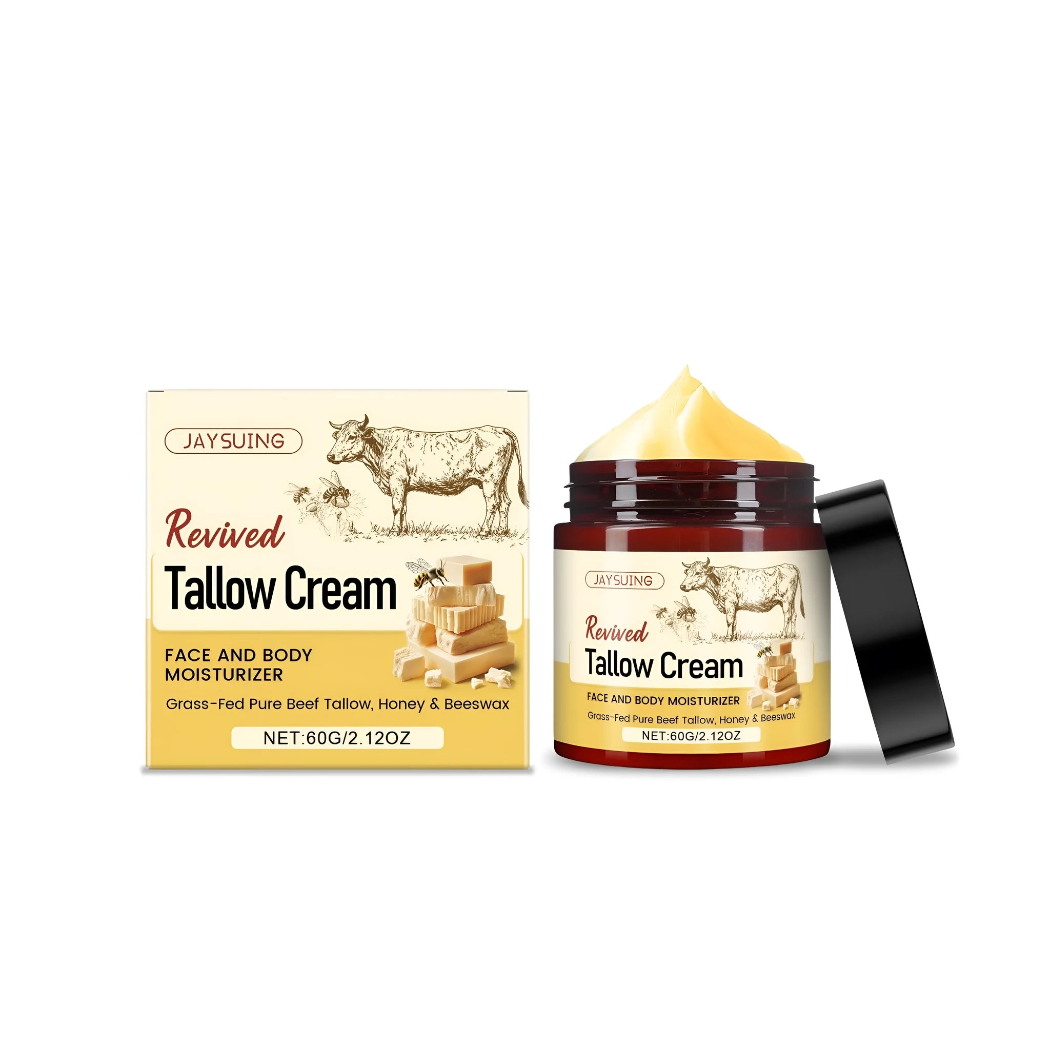 60g jar of tallow facial cream with beeswax and olive oil ingredients