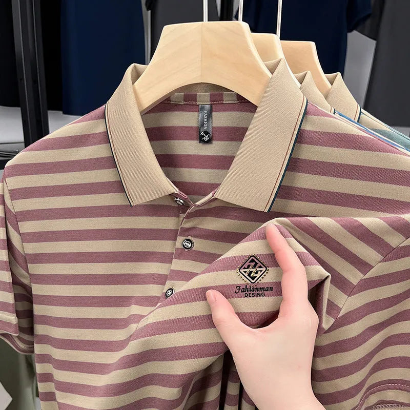 Men's striped casual short sleeve t-shirt in mosaic pattern available in red, blue, or green colours