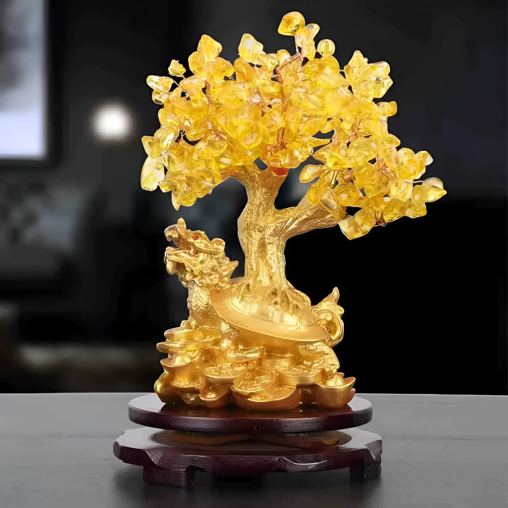 Citrine-coloured resin Feng Shui ornament with small water turtle and money tree design measuring 18x11x23cm