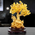 Citrine-coloured resin Feng Shui ornament with small water turtle and money tree design measuring 18x11x23cm