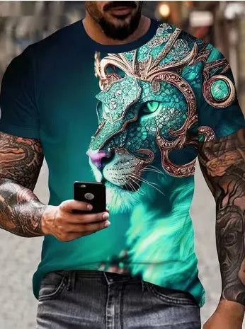 Men's black t-shirt with a large, textured 3D lion graphic print on the chest.
