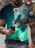 Men's black t-shirt with a large, textured 3D lion graphic print on the chest.