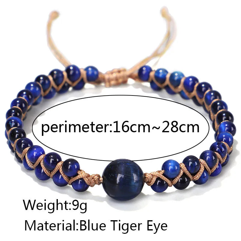 Hand-woven geometric bracelet made from tigereye stone with an adjustable sliding knot, shown in blue colour