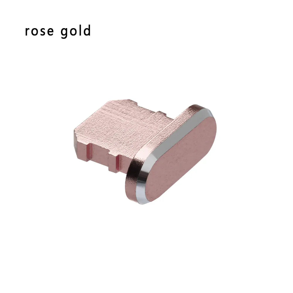 Aluminium alloy dust plug for iPhone charging port in various colours including gold, silver, and rose gold.