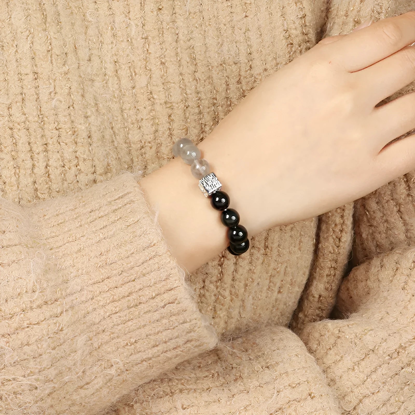 Khaki couple bracelet with Chinese geometric design in polished crystal, 10mm size.