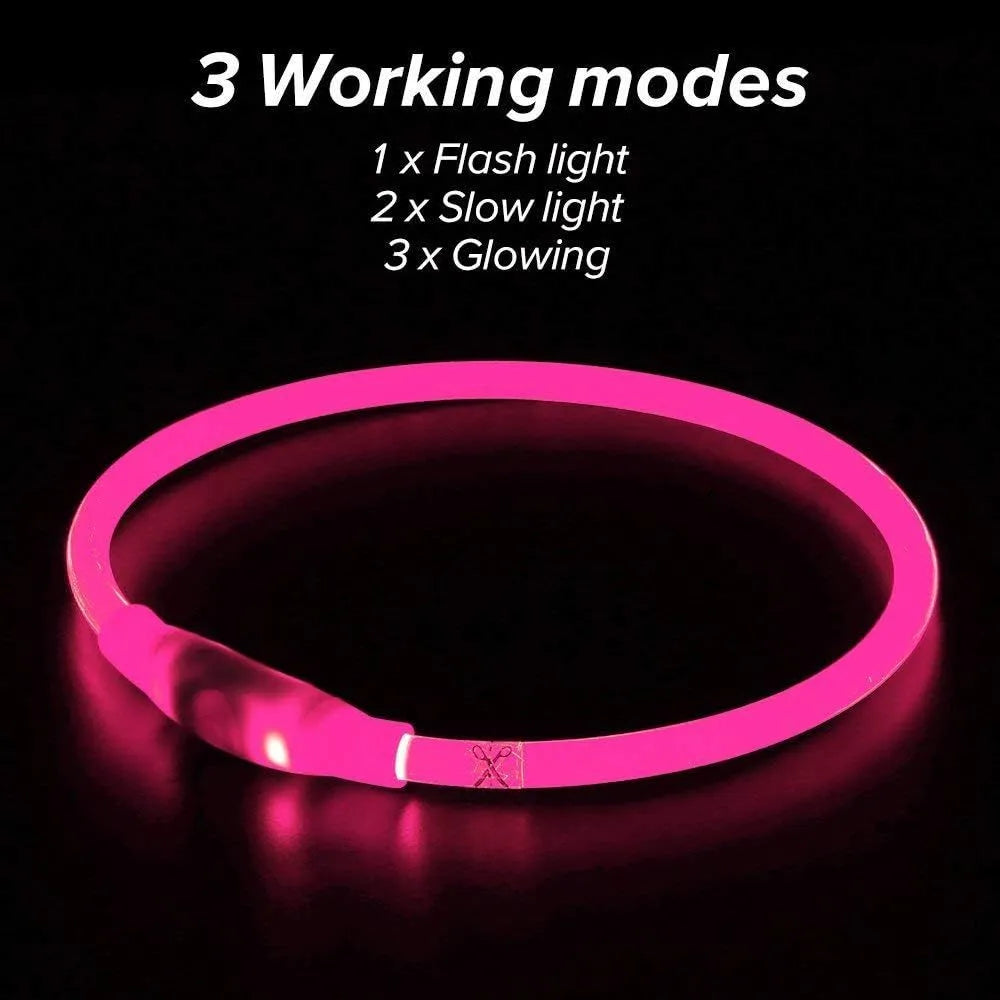 USB rechargeable LED dog collar with glowing light in blue colour, adjustable 70cm length