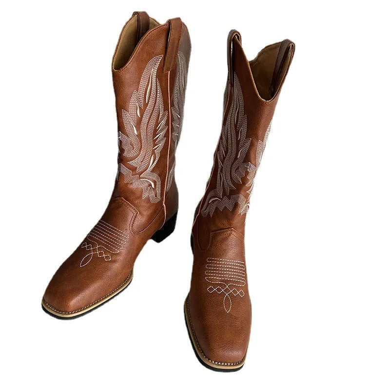 Brown embroidered women's mid-calf Martin boots on a waterproof platform with a square heel.