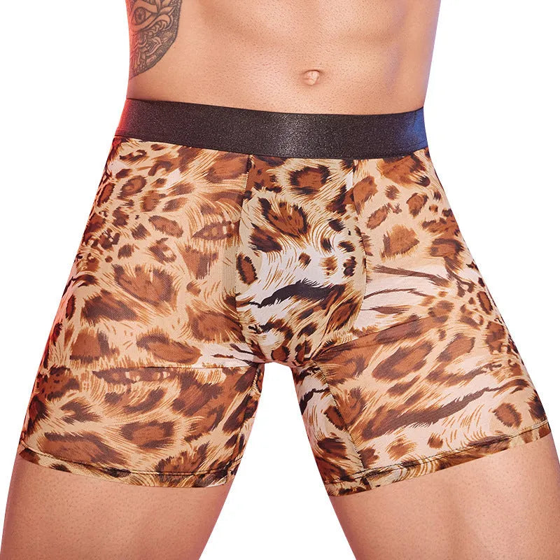Men's leopard print animal design boxer shorts on a white background.