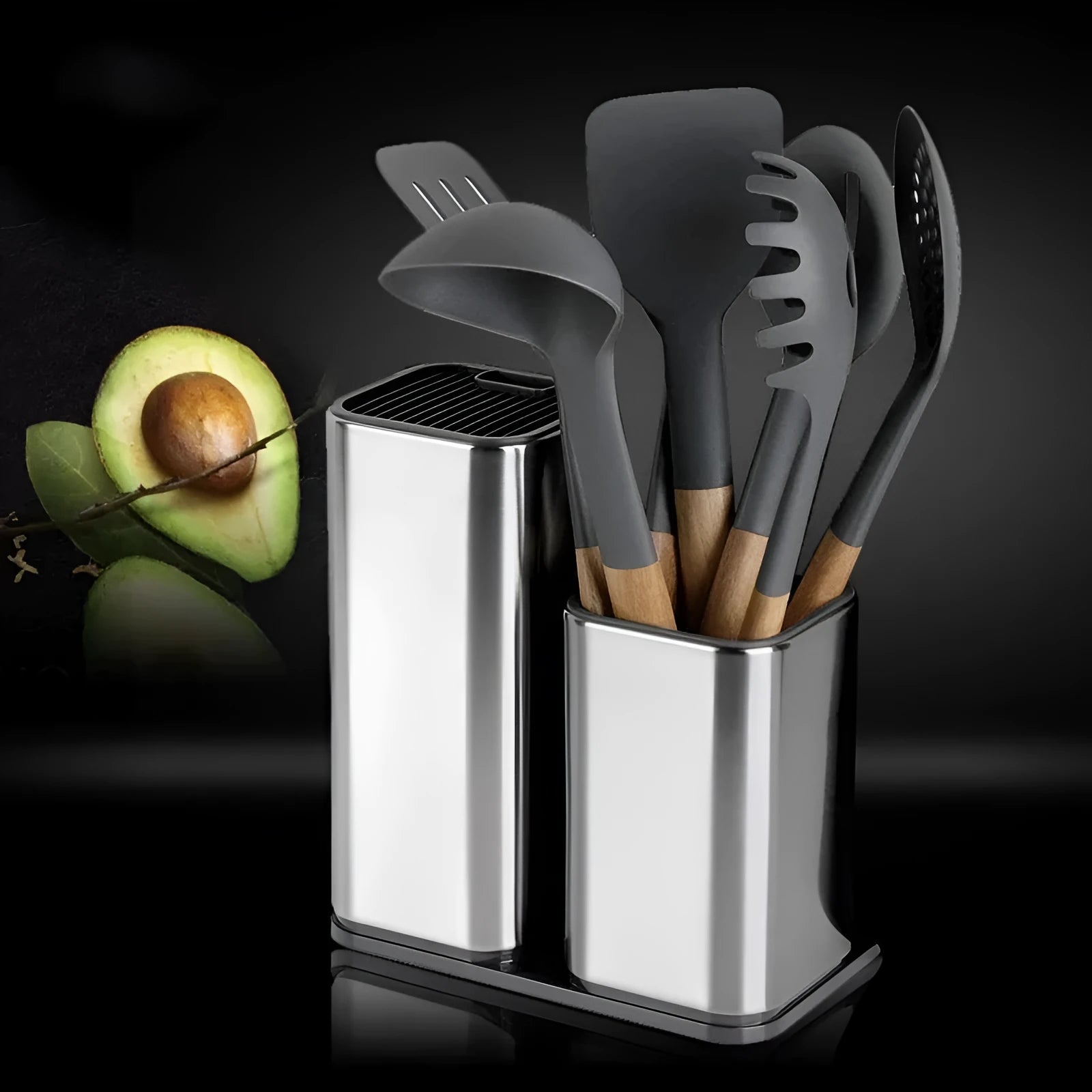 Black and white kitchen tool holder with detachable bottom and stainless steel storage bucket