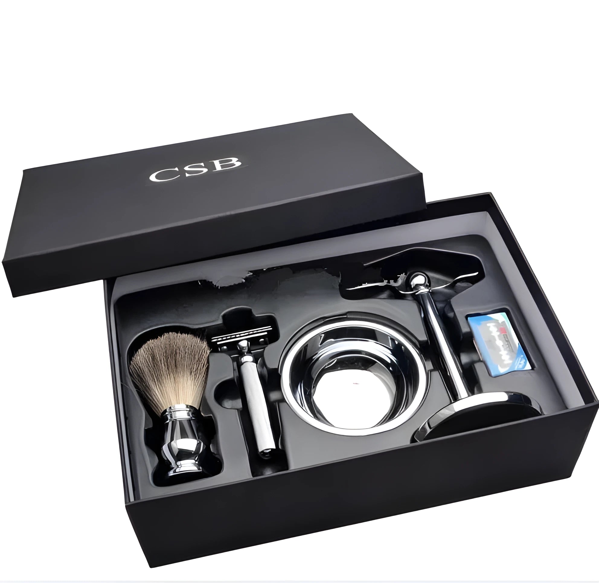 CSB men's shaving set with chrome safety razor, badger hair brush on stand, zinc bowl, and blades in black box.
