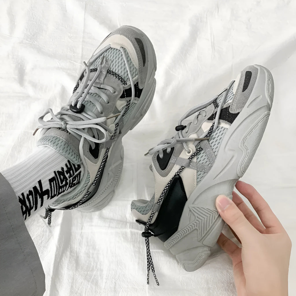 Men's white platform dad shoes with lace-up front and breathable mesh lining, Korean style.