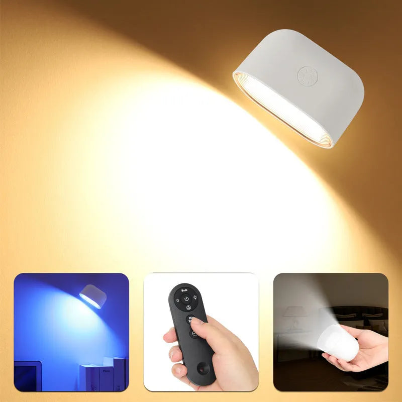 Oval white remote touch magnetic wall lamp with colour-changing LEDs on a wall