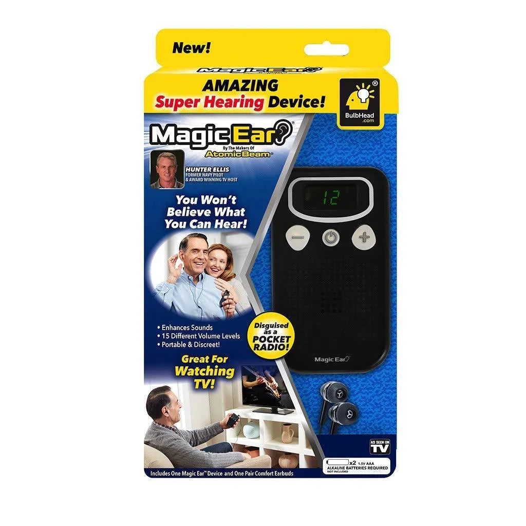 Digital display personal voice enhancer hearing aid booster designed like a handheld FM radio.