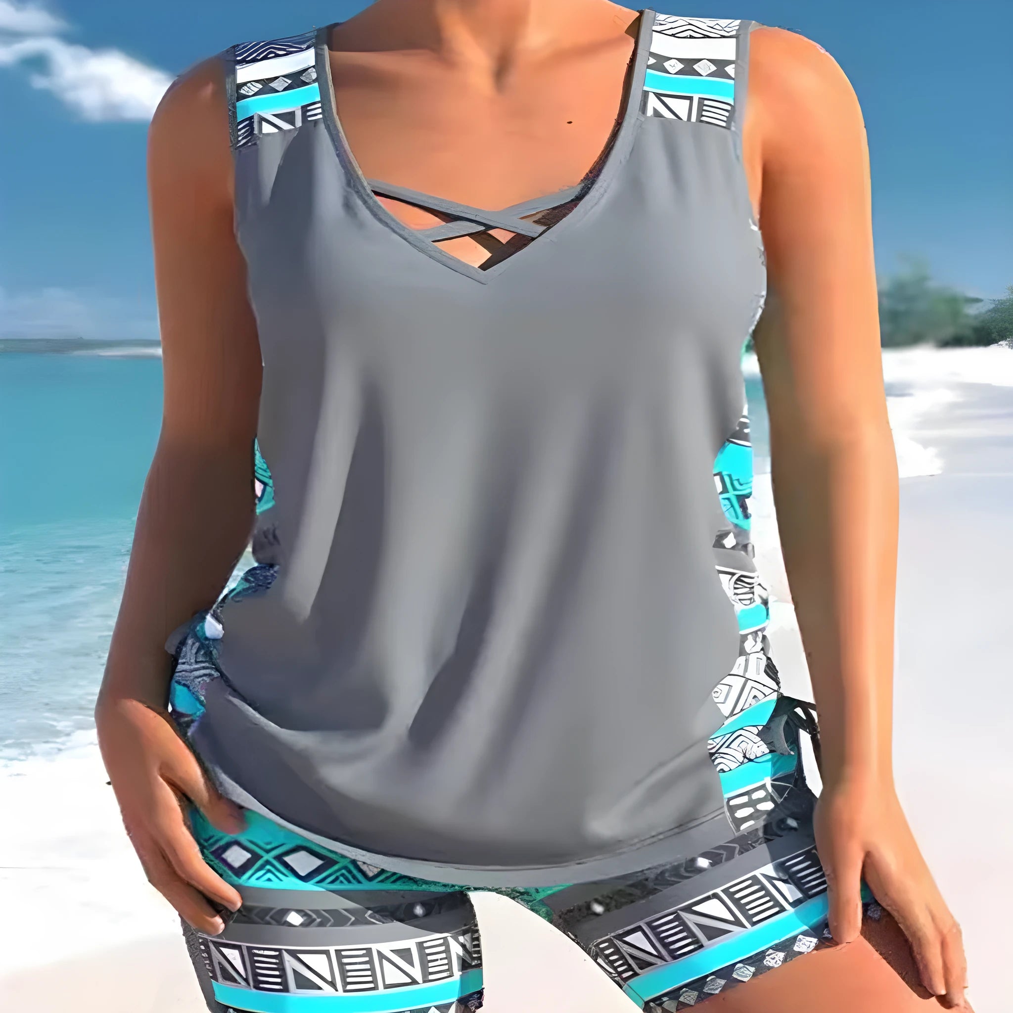 Blue floral lace two-piece women's swimsuit with separate top and shorts.