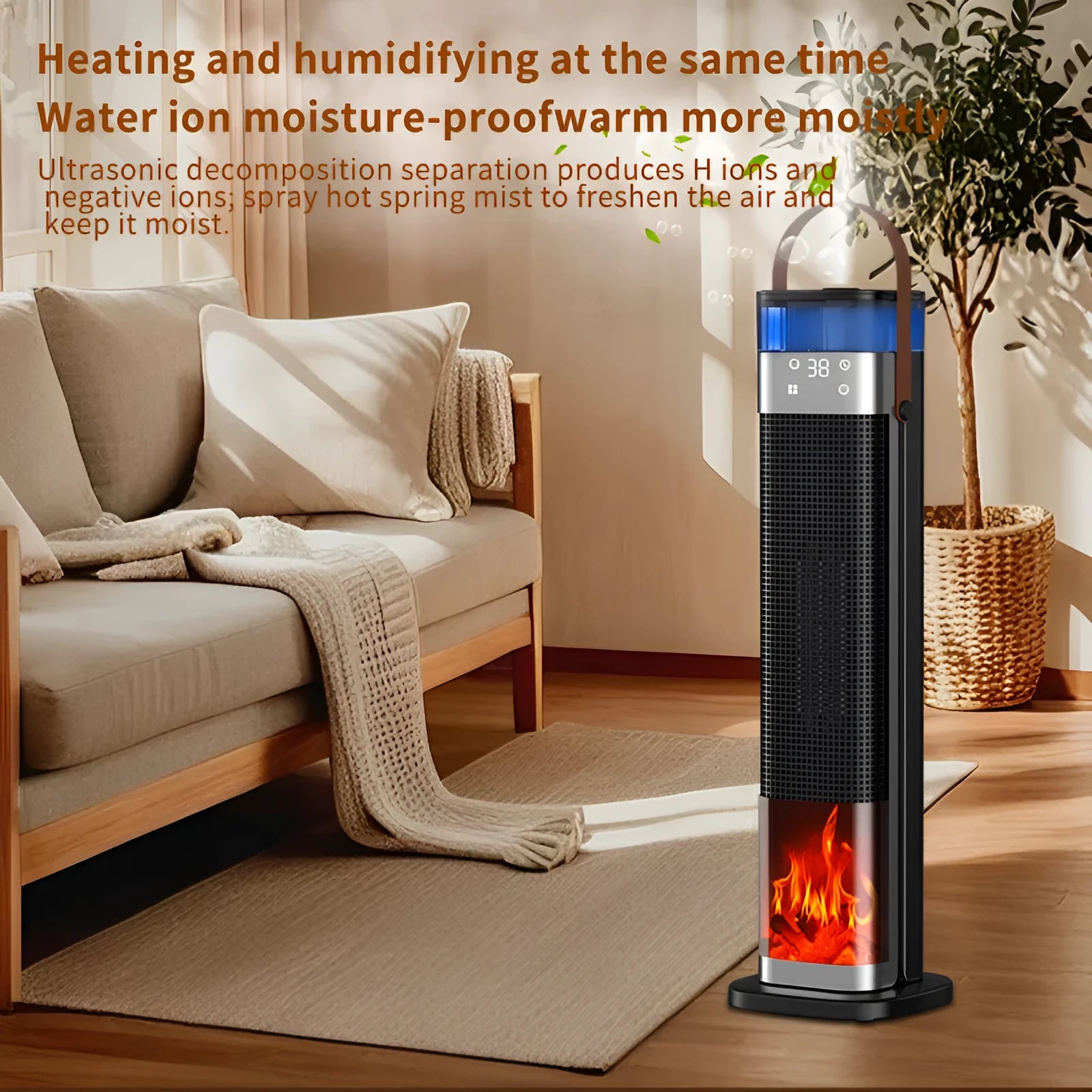 Tall, slim white vertical tower heater with digital display and remote control on a wooden floor.