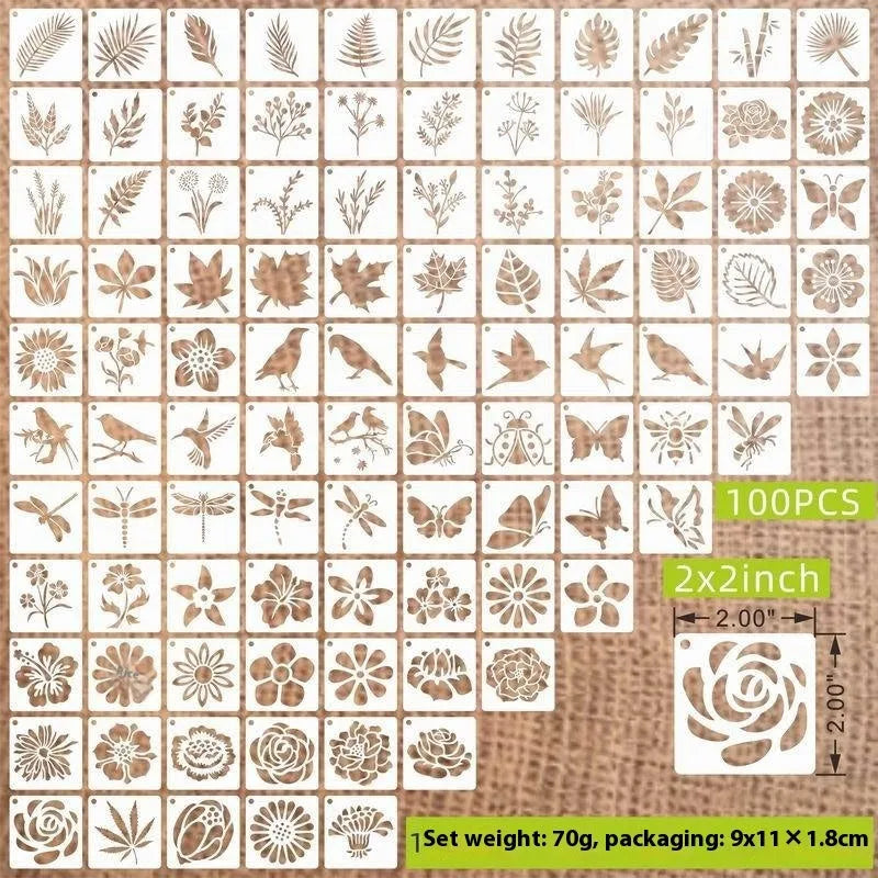 700-piece collection of 2-inch PET film spray painting stencils showing flower, animal, ocean, Hawaiian, and letter designs