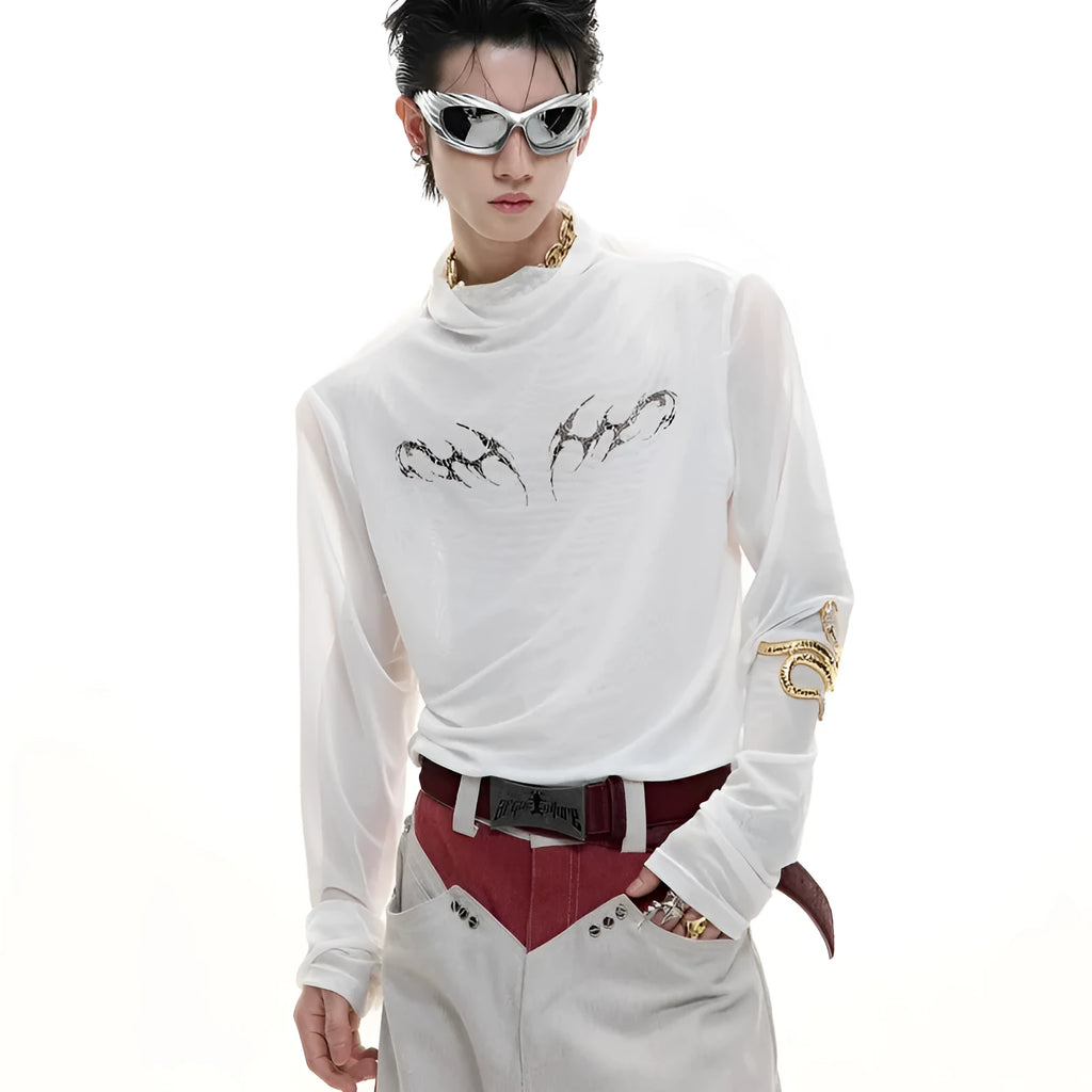 Black slim fit men's shirt with ice-feeling mesh panels and long sleeves on a white background.