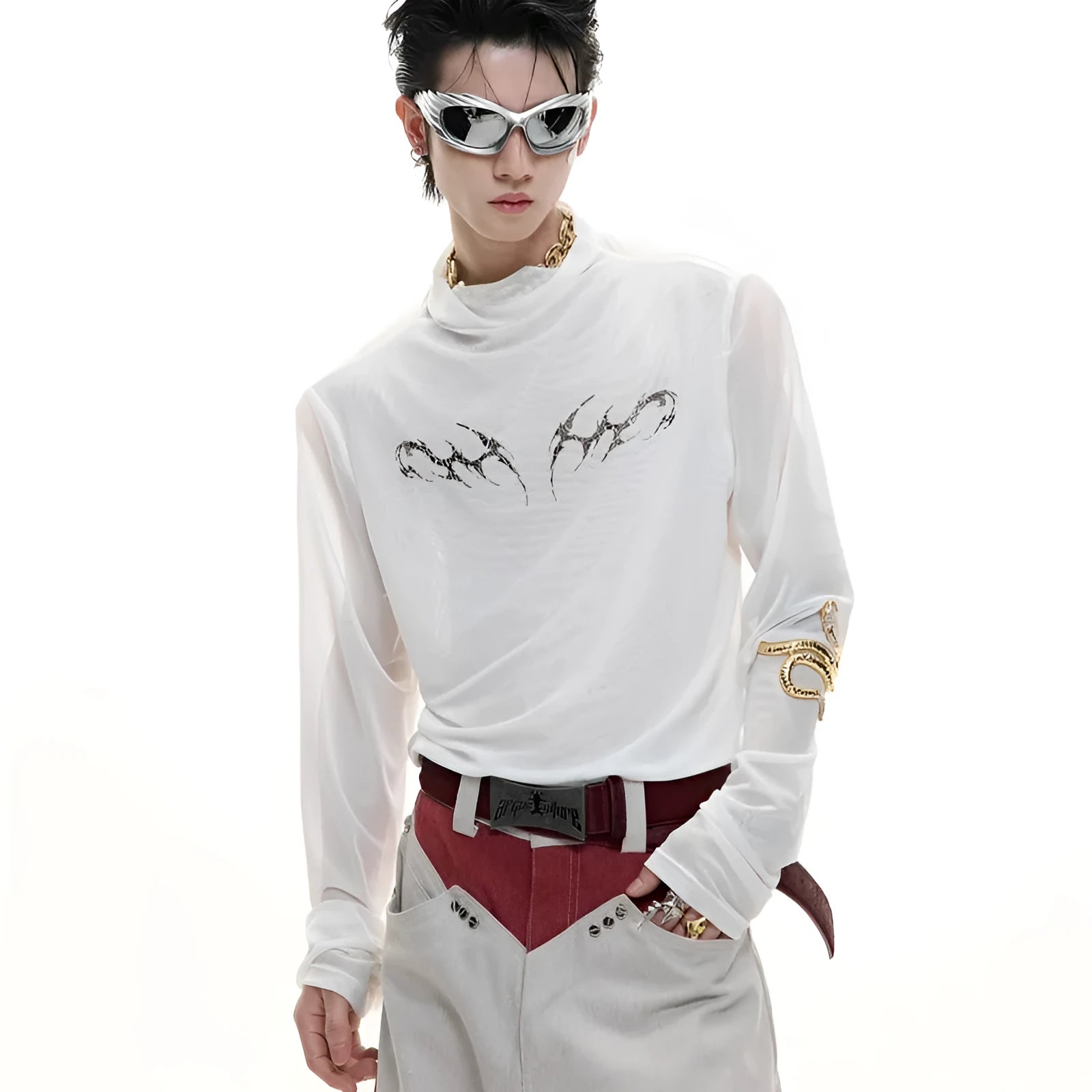 Black slim fit men's shirt with ice-feeling mesh panels and long sleeves on a white background.