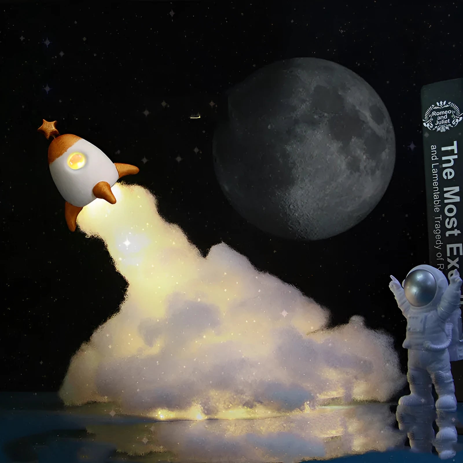 DIY Creative Night Light Kit showing Astronaut Rocket and Star Rocket LED decorations with warm white glow.