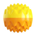 Blue and orange squeaky dog ball toy with dental cleaning spiky bumps for aggressive chewers