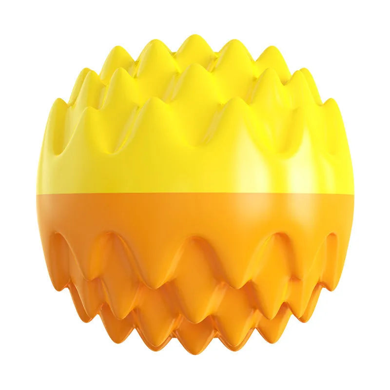 Blue and orange squeaky dog ball toy with dental cleaning spiky bumps for aggressive chewers