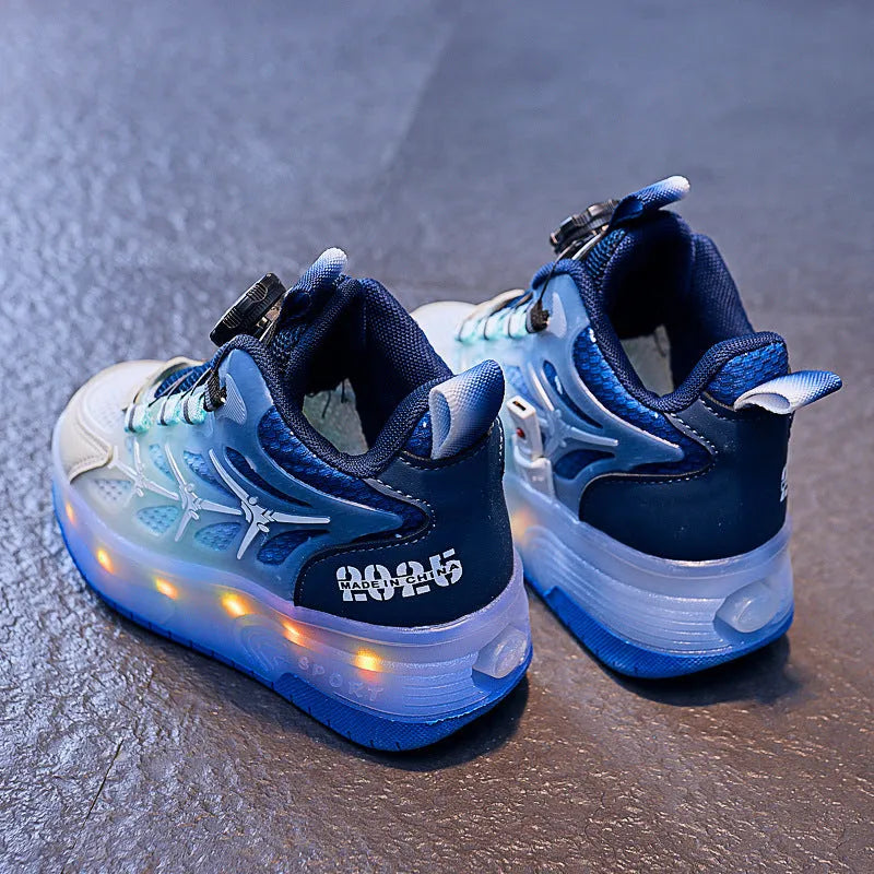 Blue children's roller skating shoes showing flash knob adjustment system and PVC sole
