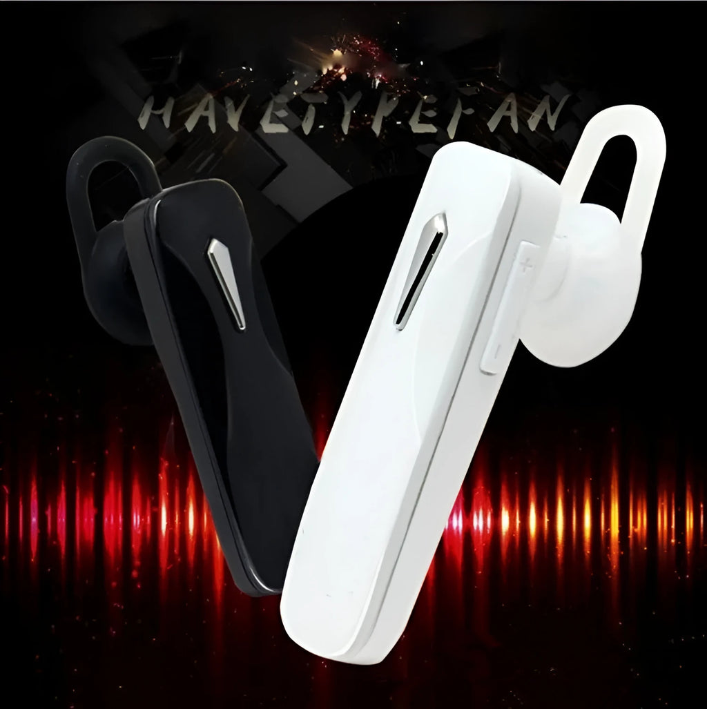M163 black and white Bluetooth wireless headset for hands-free calls and music in the car.