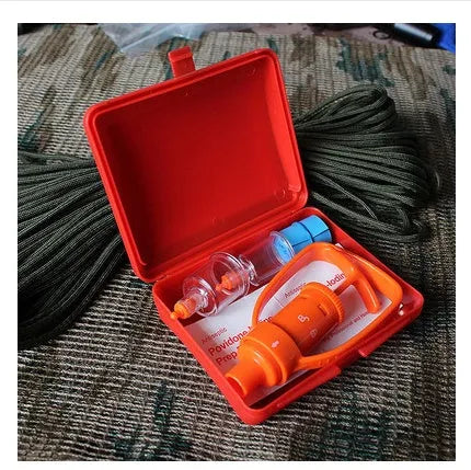 Orange venom extraction suction device with two cup sizes, tourniquet, and first aid swabs in storage box