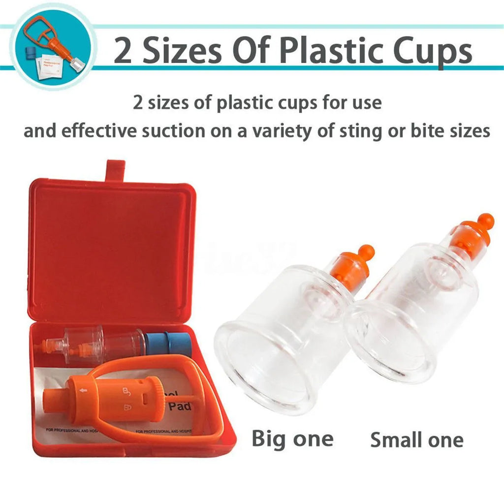 Orange venom extraction suction device with two cup sizes, tourniquet, and first aid swabs in storage box