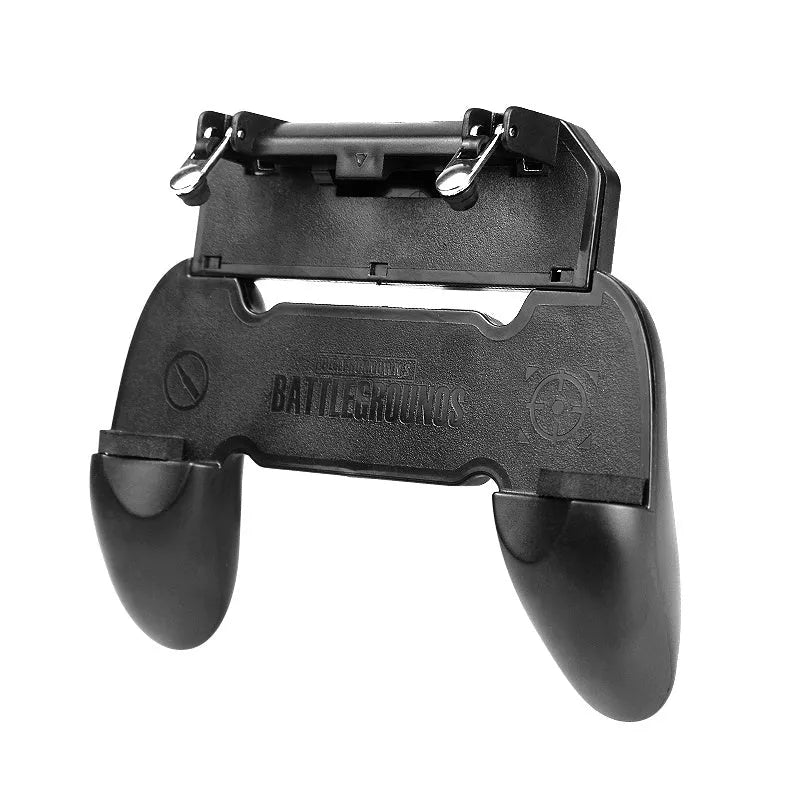 Black and brown black mobile phone plug-in gamepad with physical buttons for auxiliary gaming control.