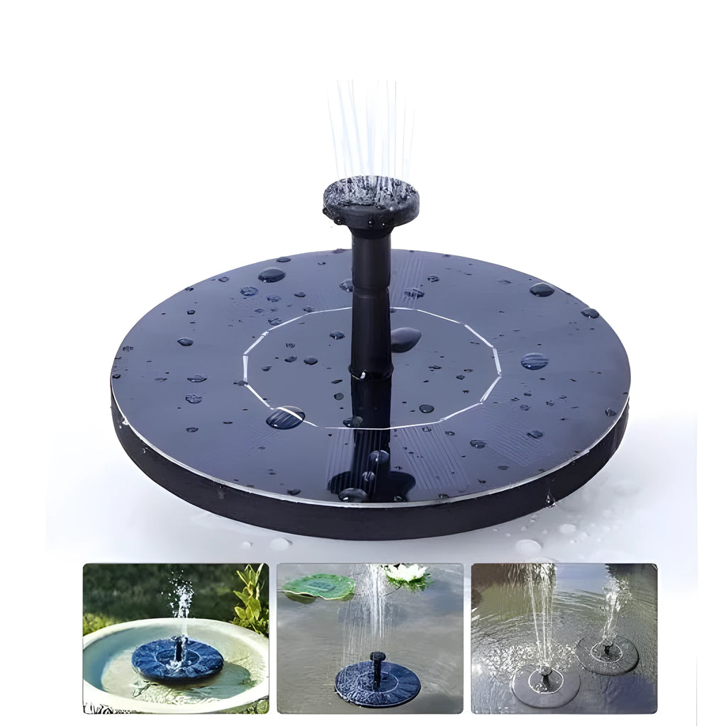 Black solar water fountain pump with four nozzle options for garden ponds and birdbaths