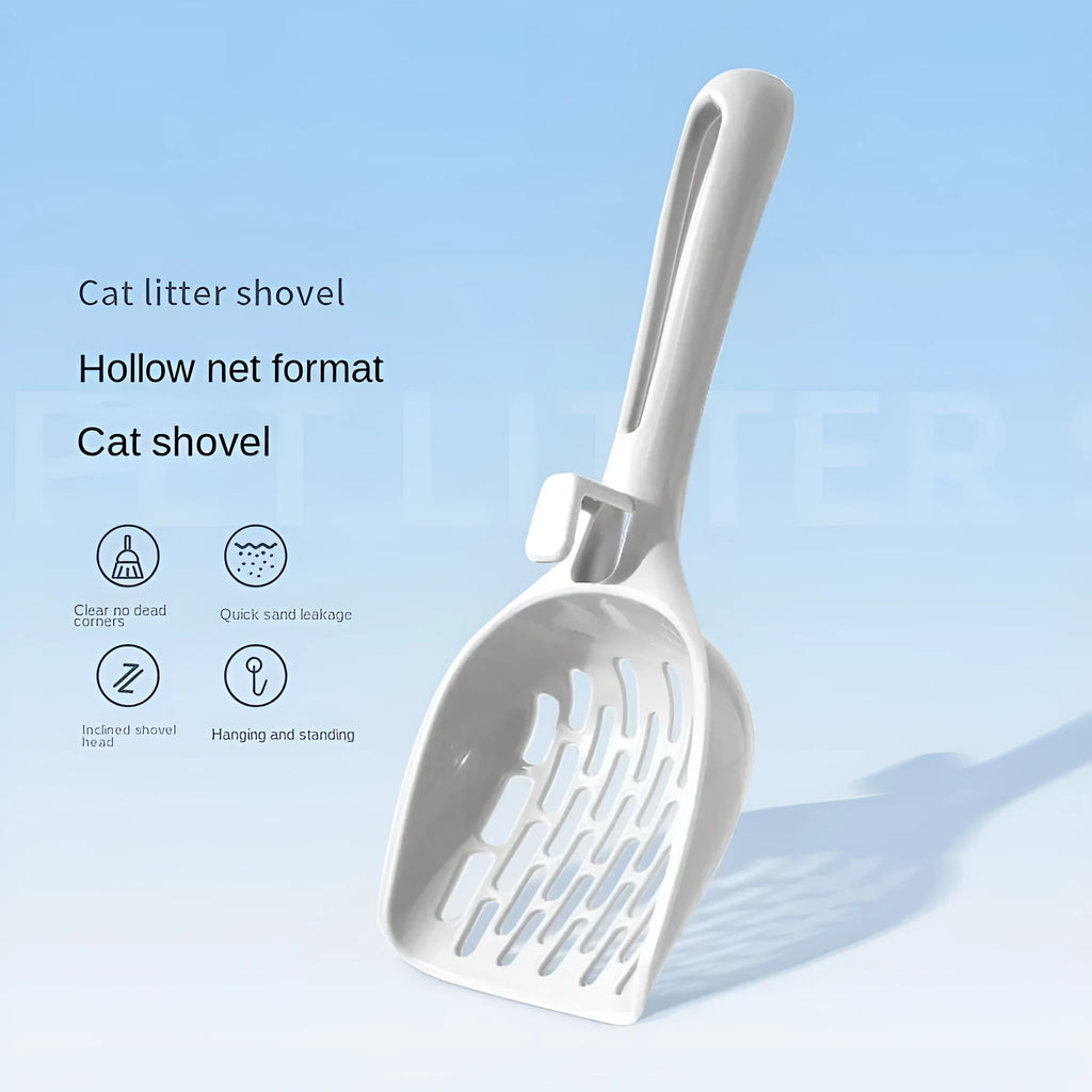Grey plastic cat litter scoop with integrated base for self-cleaning convenience