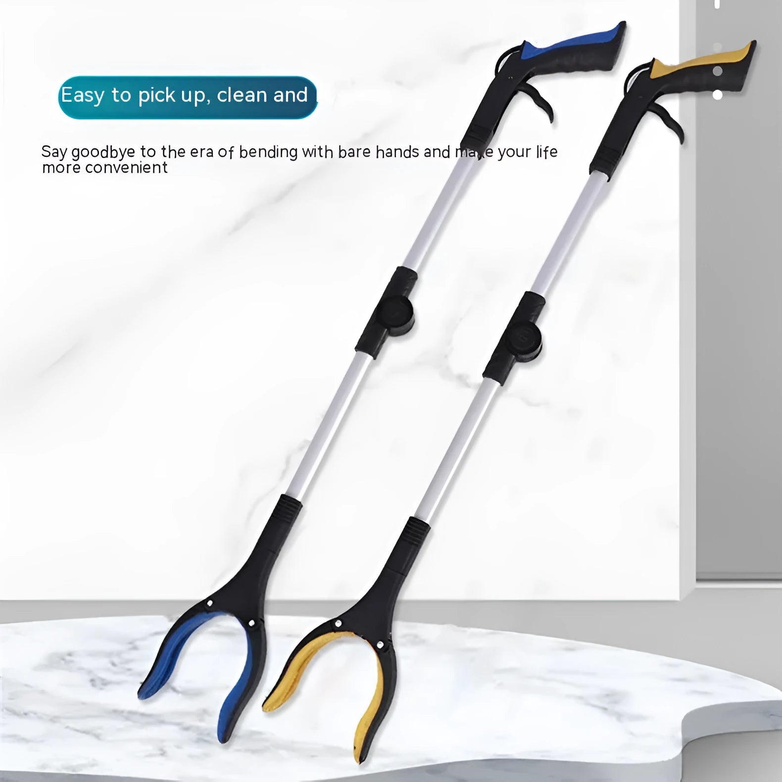Foldable aluminium garbage clamp with magnet sucker extended to 80cm, showing blue handle option.