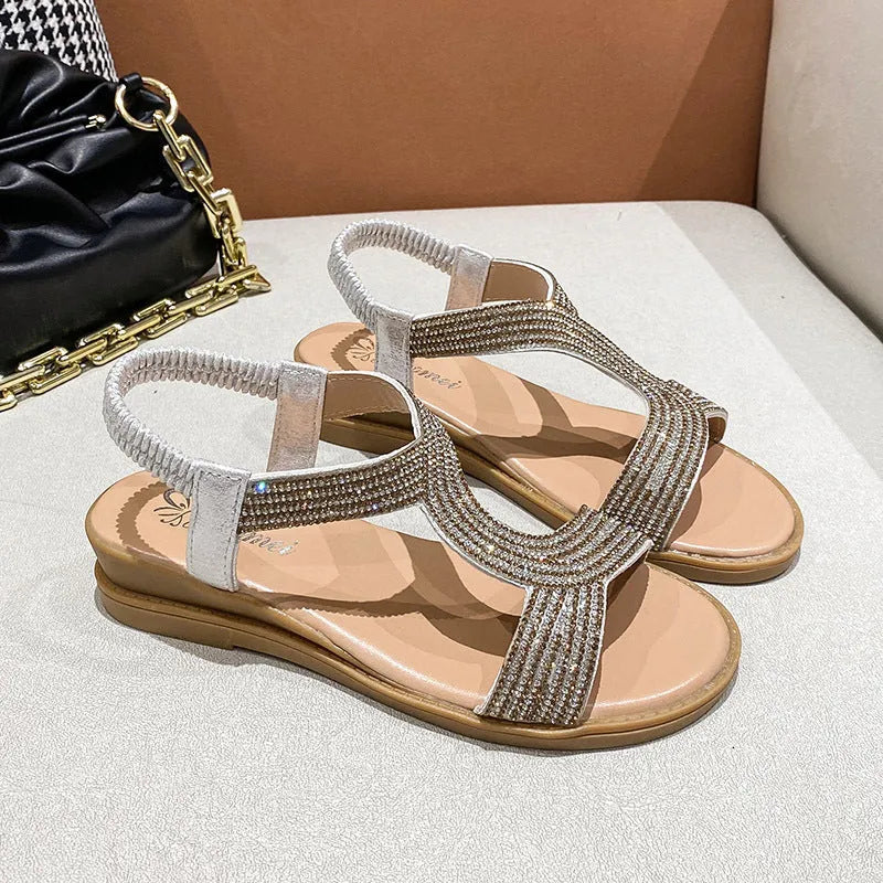 Women's patent leather beach sandals with rhinestone detailing in gold colour option
