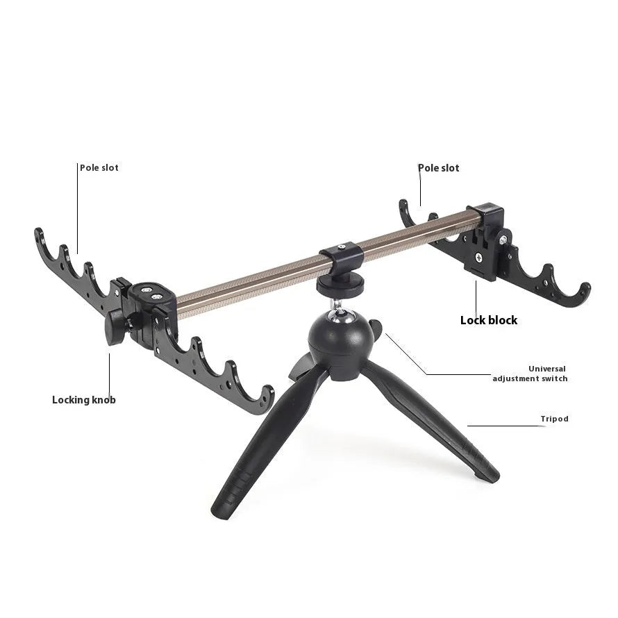 Aluminium alloy ice fishing rod holder bracket in a portable tripod design.