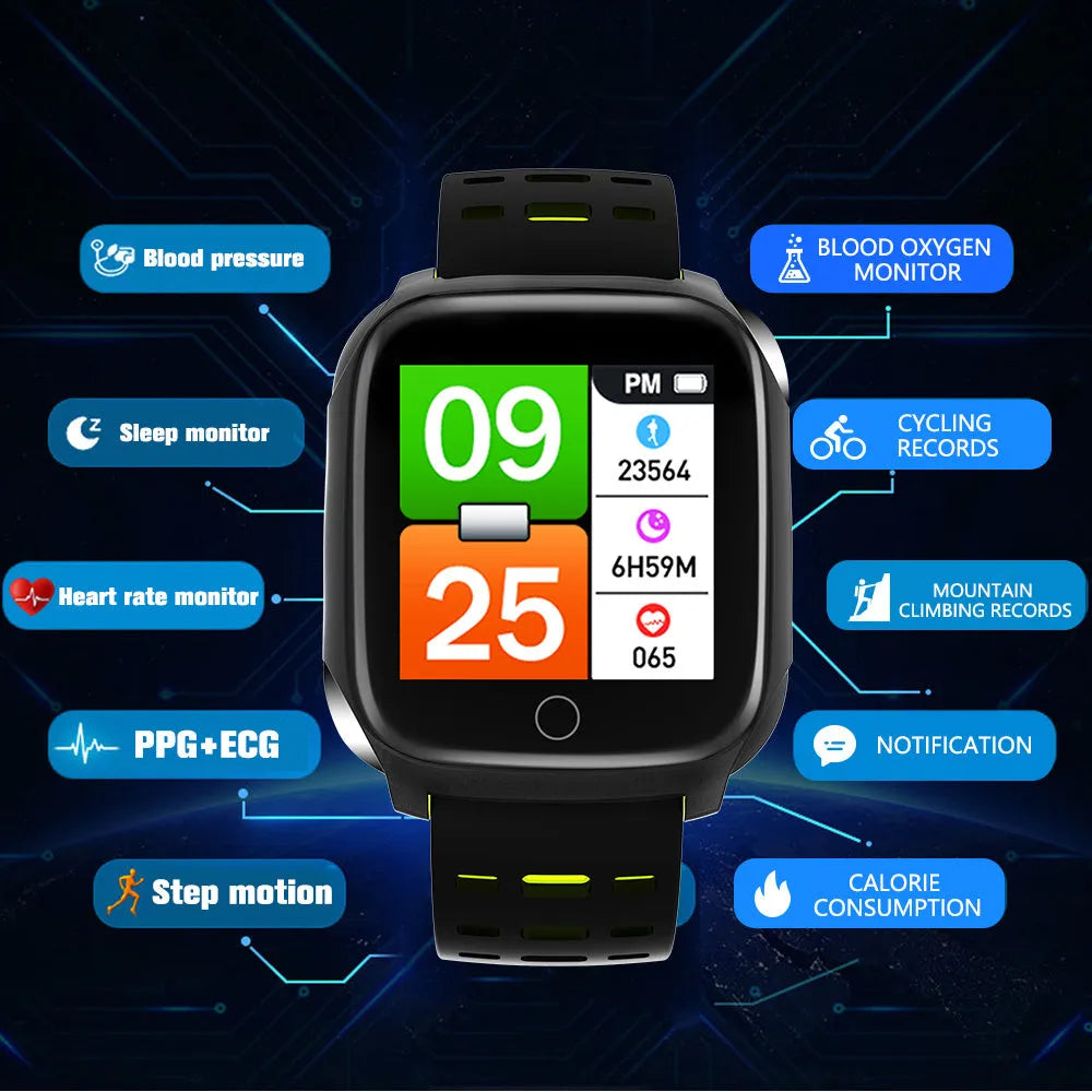 F16 Smart Watch with ECG blood pressure monitor and heart rate tracker showing black silicone strap and 43mm IPS display