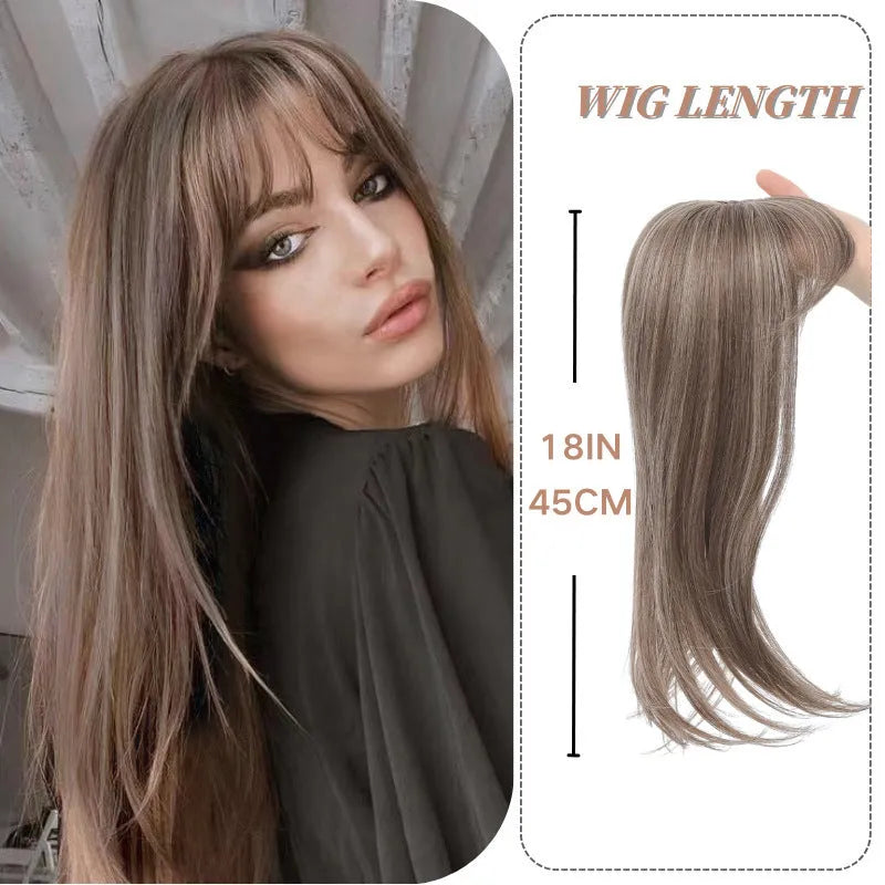 Synthetic clip-in hair extension wig with inner buckle, shown in one of six colour styles.