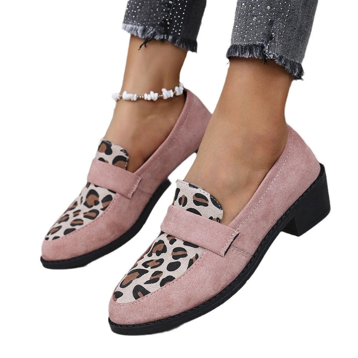 Leopard print suede casual pumps with chunky heel and pointed toe in brown, khaki, or pink colours