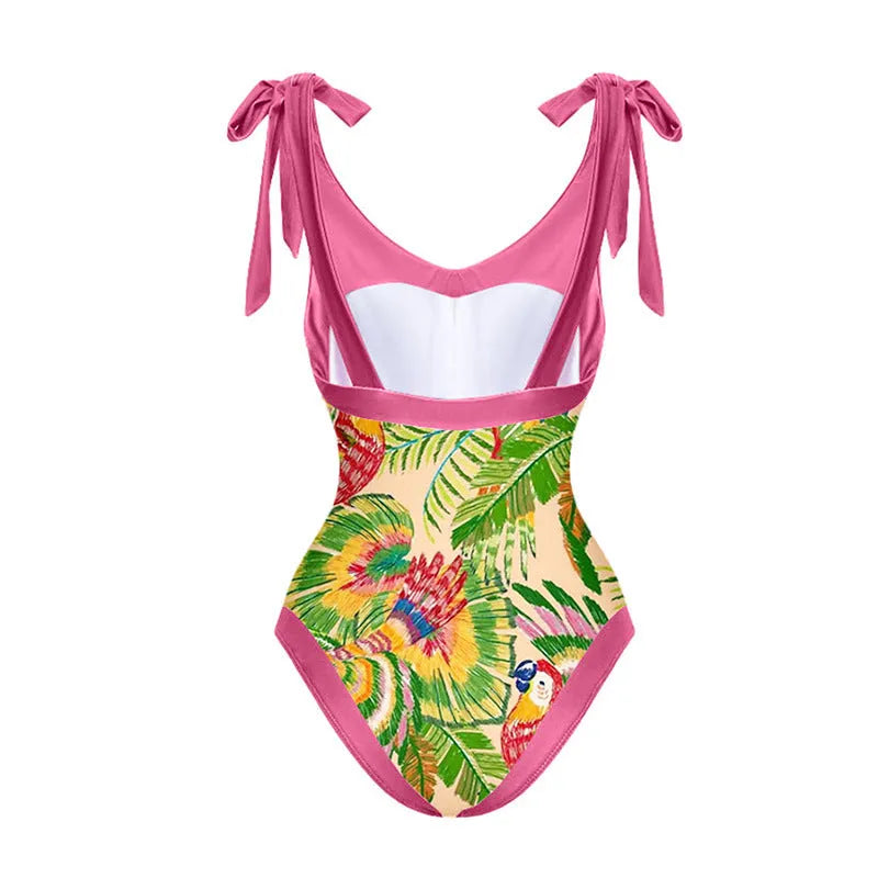 Retro pink floral print one-piece swimsuit with V-neck, covered belly, and thin skirt