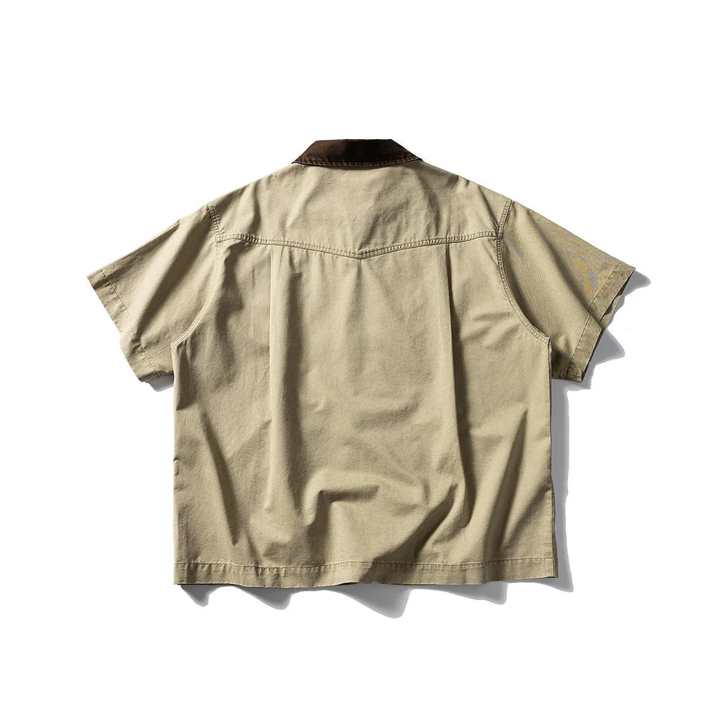 Men's loose casual short sleeve cardigan shirt in washed cotton fabric, khaki colour