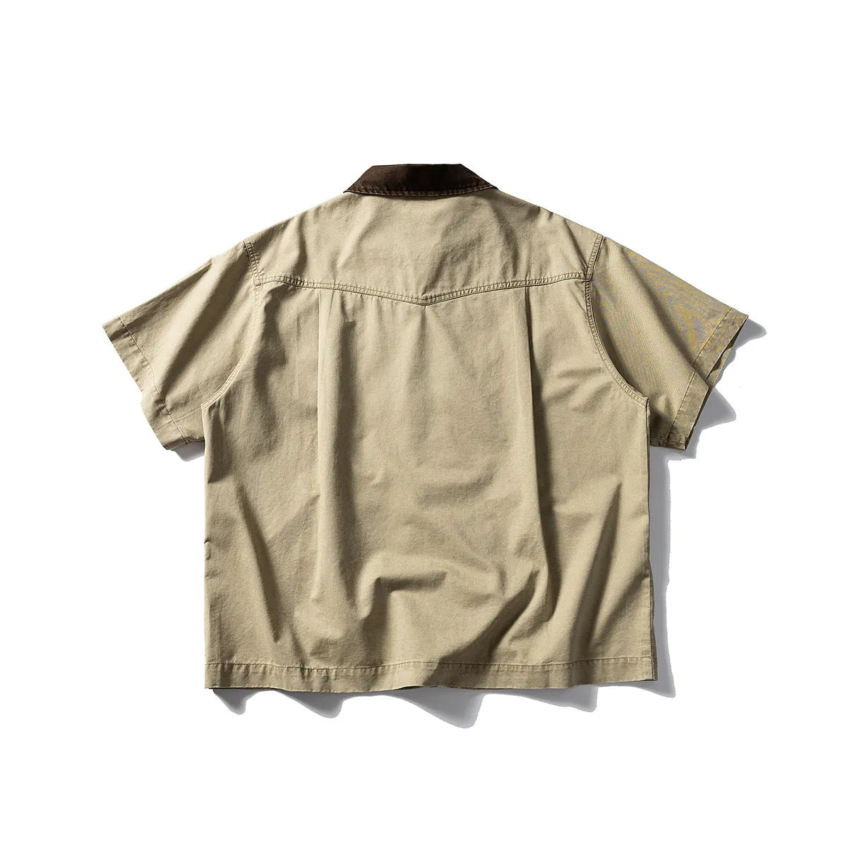 Men's loose casual short sleeve cardigan shirt in washed cotton fabric, khaki colour