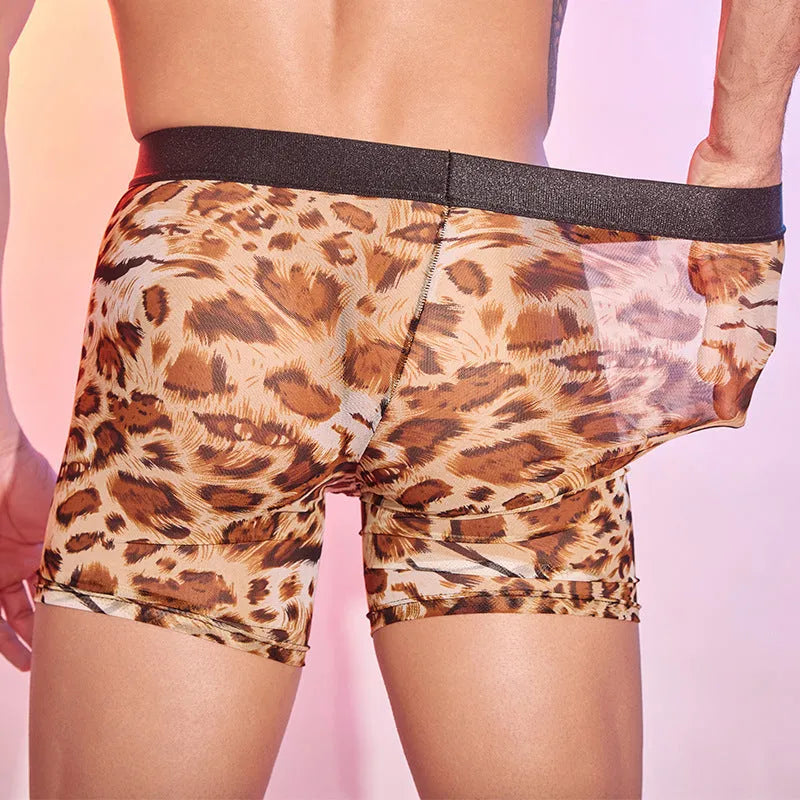 Men's leopard print animal design boxer shorts on a white background.