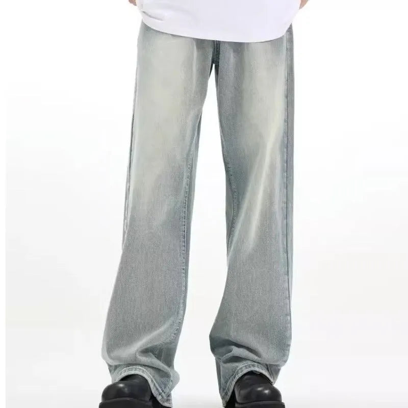 Blue retro trousers with rabbit fur fabric in loose casual fit showing high elasticity