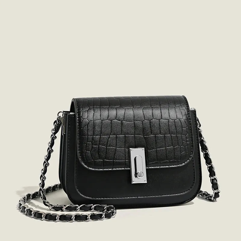 Soft black PU leather women's chain shoulder bag with cross-body strap and sewn detailing