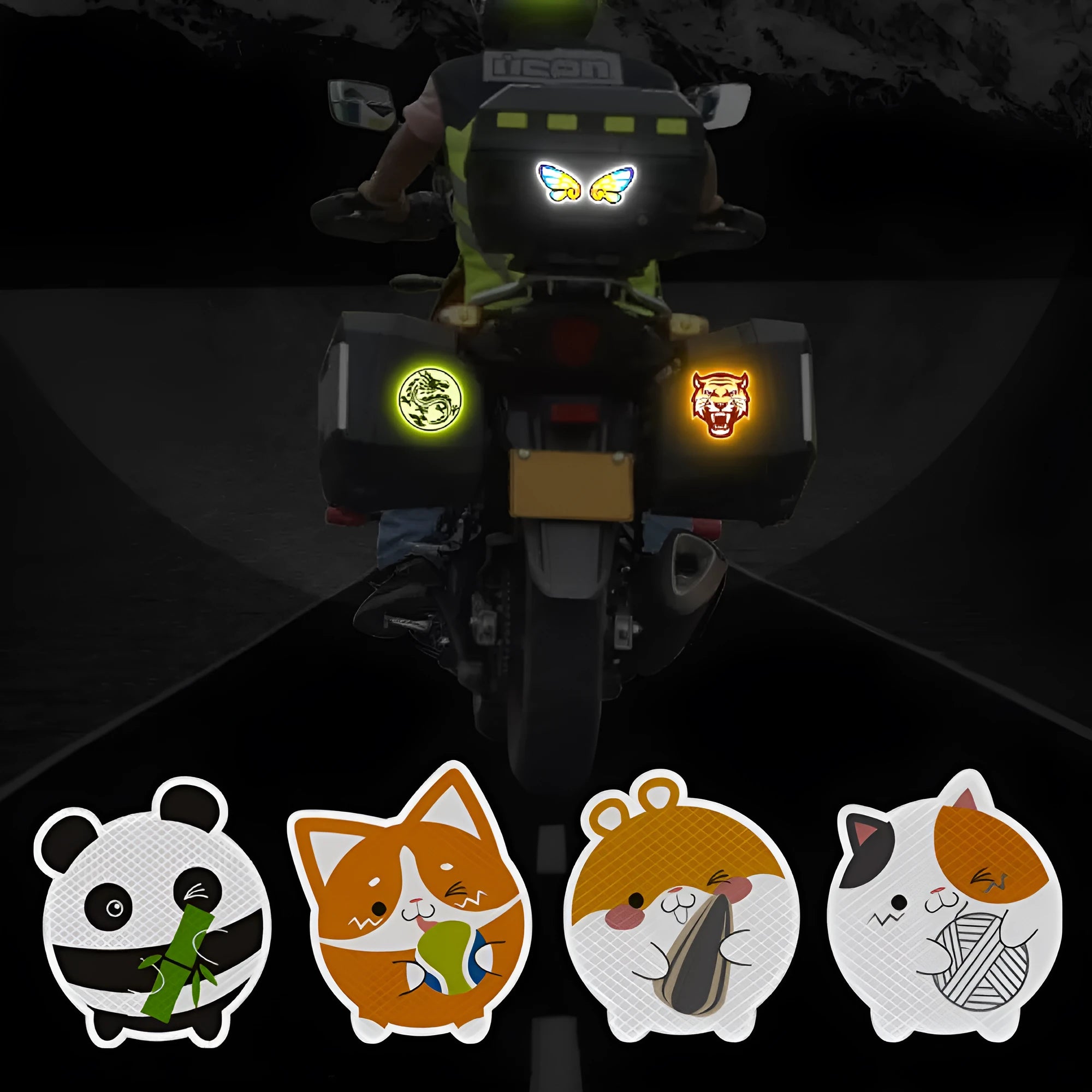 A pair of diamond reflective film safety stickers, approximately 9cm by 5cm each, showing example graphic designs.