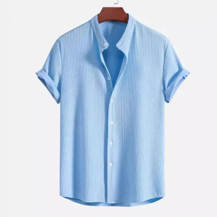 Men's loose short sleeve summer shirt in polyester fabric showing colour options