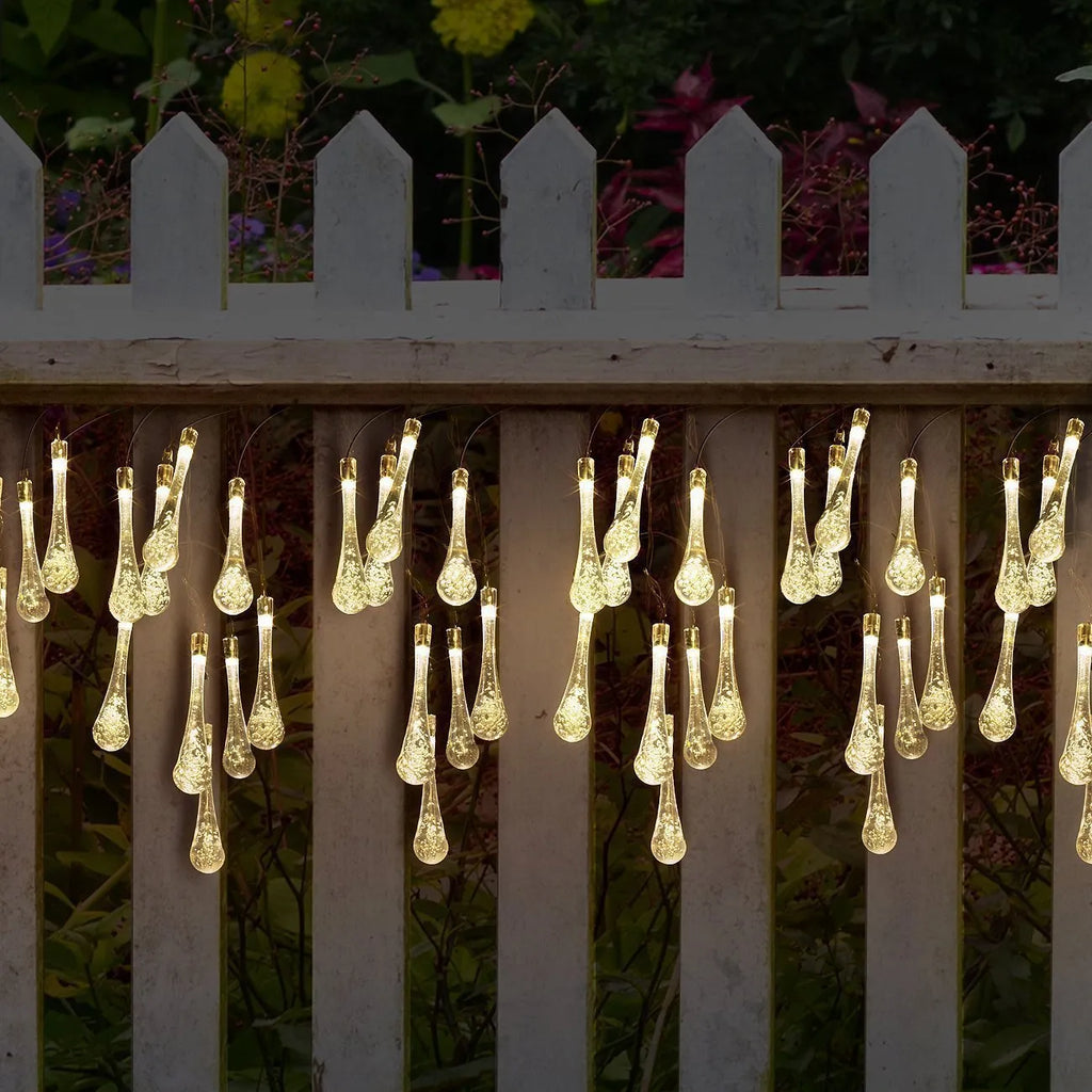 Solar-powered outdoor LED string lights with bubble drop pendants on 6.5 metre cable